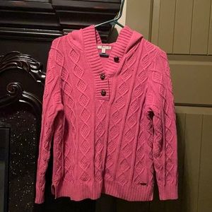 Pink hooded cable knit sweater